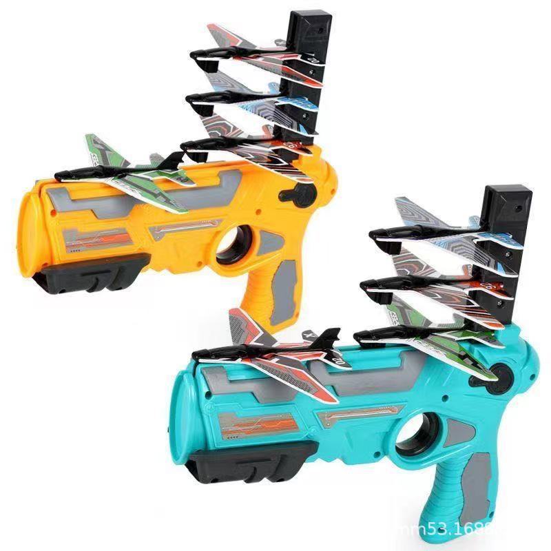 Foam Airplane Hand Throwing Ejection Aircraft Gun Launcher Bursting Small Glider Ejection Pistol Toy (Aircraft Gun + Foam Airplane*4)