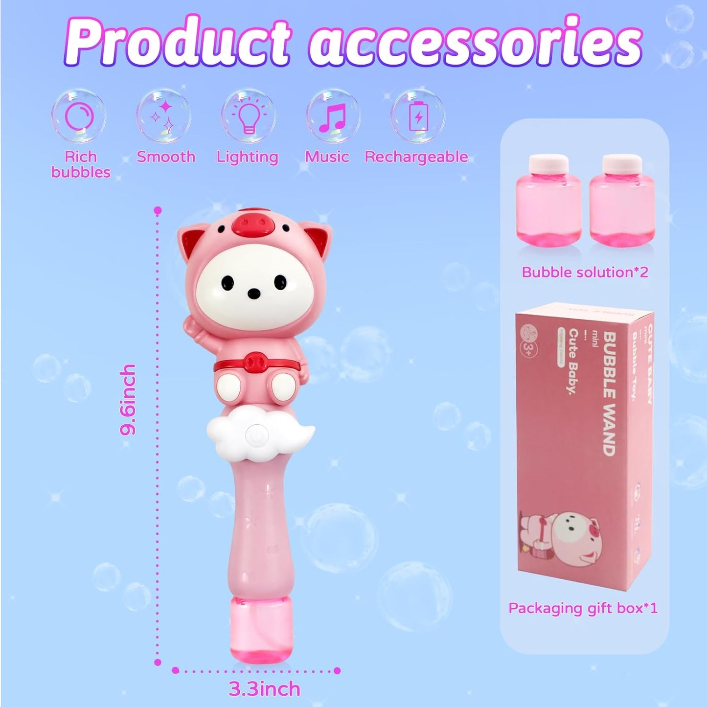 Sound & Light Piglet Bubble Wand with Solution Bubble Machine Blower Maker
